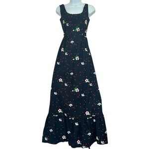 MALIA Houolulu Vtg 60-70s Hearts Strawberry Floral Black Maxi Dress Sz S Hawaii
